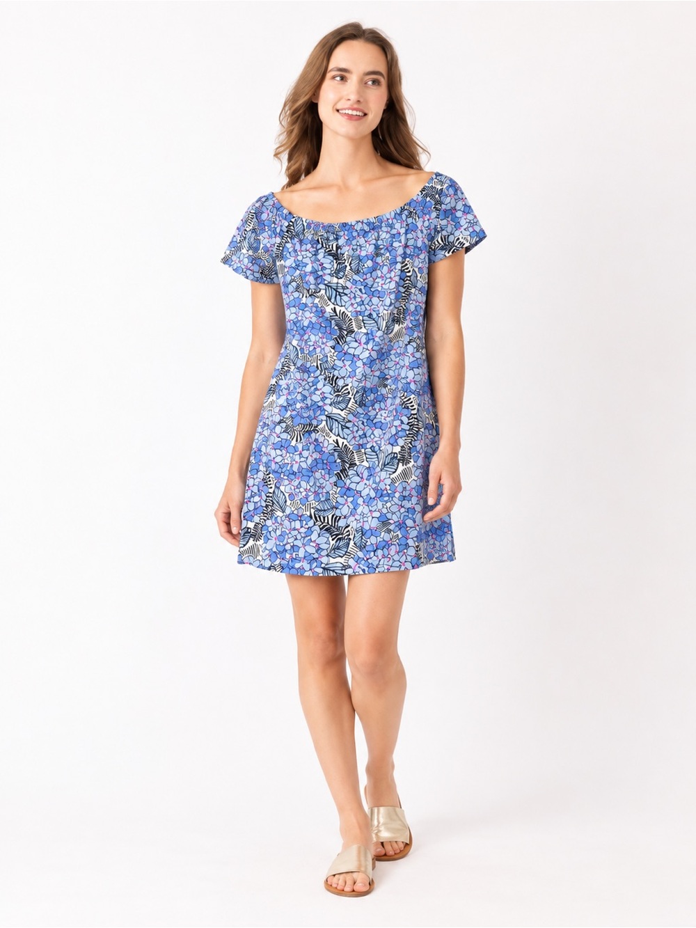 Mahi Gold Hydrangea Regatta Print Short Sleeve Dress Off the Shoulder M 1066